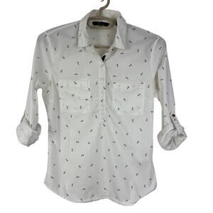Women's White Button Up Shirt Anchor preppy coastal nautical size 38 LCW Vision